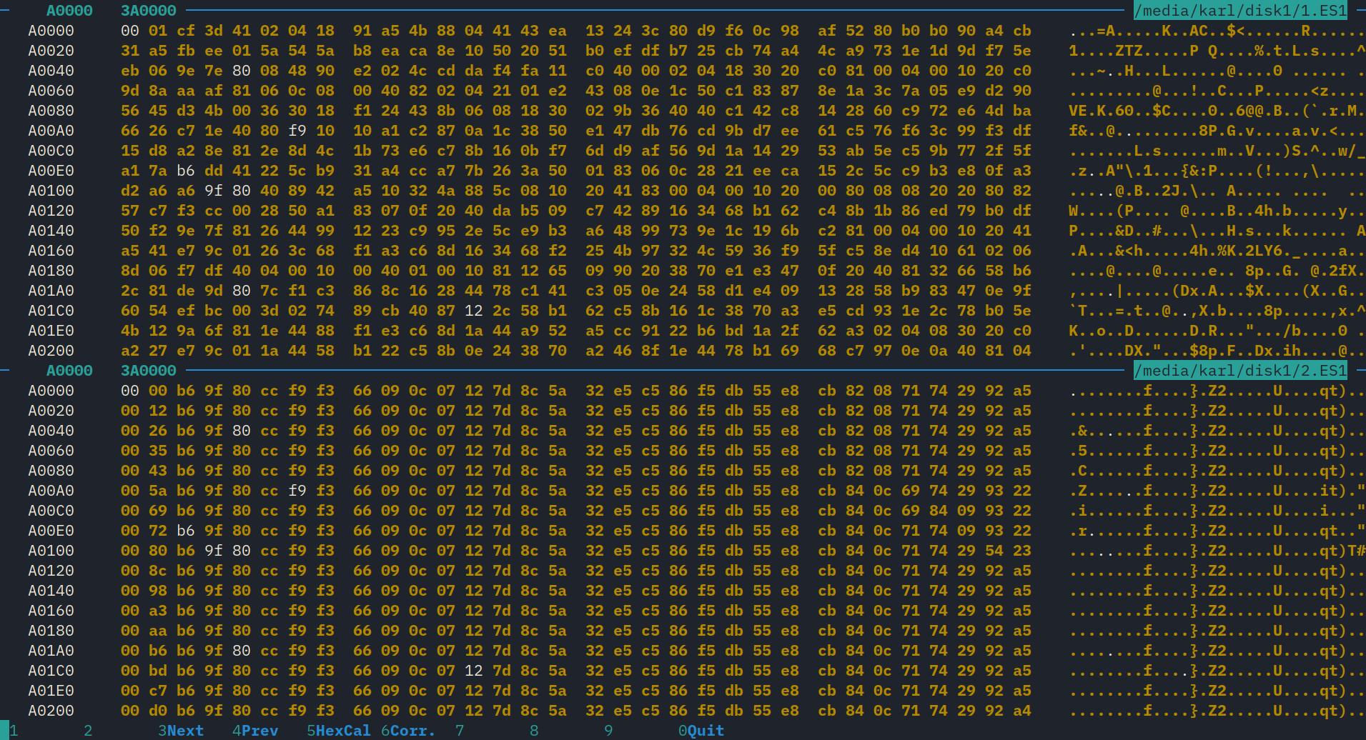 A screenshot of dhex showing the difference between two backups. The first window shows the reference backup, which has irregular data. The second window shows the same area of the backup after adding a sample, which shows a pattern that repeats every 32 bytes.