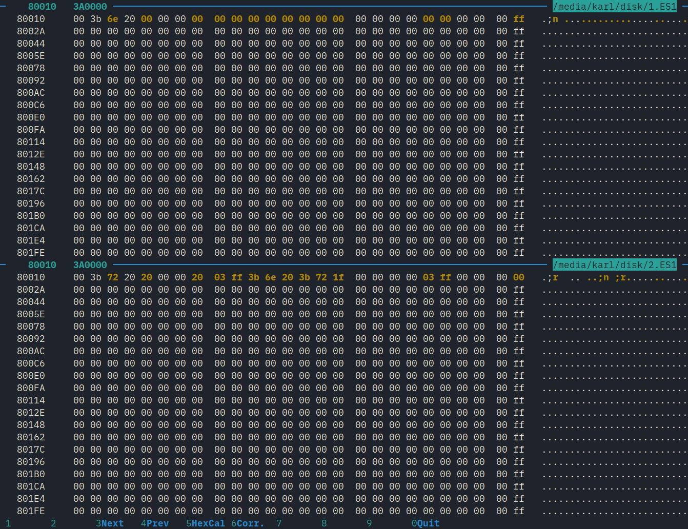 A screenshot of dhex displaying the difference between two backups.