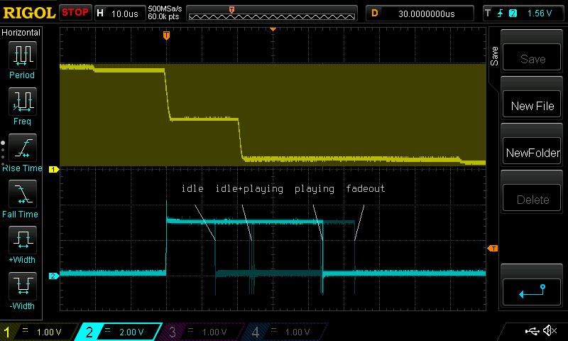 Oscilloscope screenshot displaying a DAC trace and a GPIO trace.